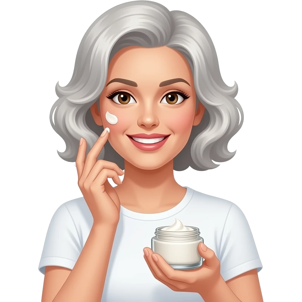 Style: simple render, no outline, soft studio lighting, white background. Character: 60s elegant woman, wavy silver bob, brown eyes, white t-shirt. Skin: natural healthy glow, dewy interior glow. Style + Character + Skin + Action: smile, applying white cream to cheek, holding glass cream jar. emoji