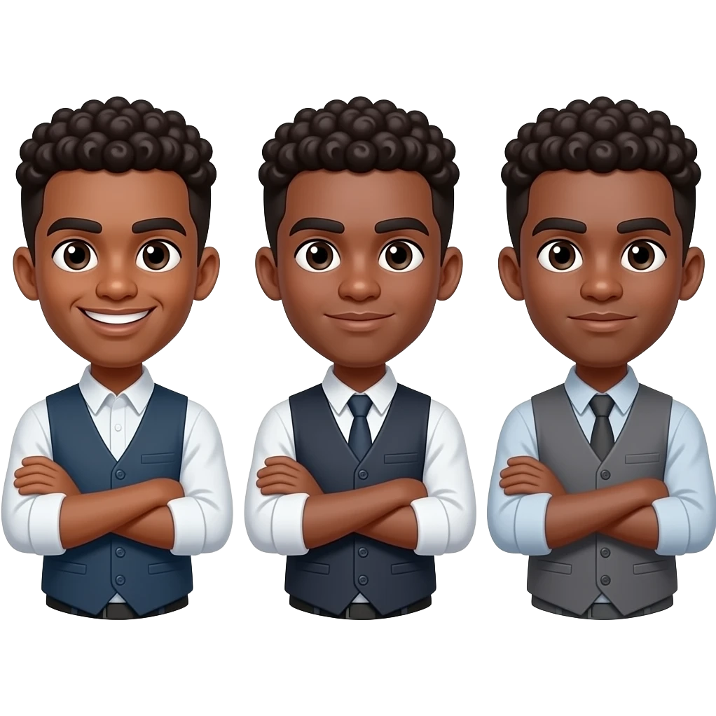 "Stylized cartoon emoji of a confident young Black man with short curly hair, vest over shirt, arms crossed. Three styles in one: playful (bright, exaggerated), cool (clean, muted), and serious (sharp, subtle). Bold lines, expressive, iconic, emoji-ready." emoji