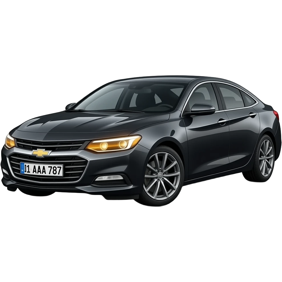 A realistic icon emoji of a metallic black sedan Chevrolet Malibu 2.0L Turbo Premier, dark charcoal tint windows, black alloy 5-spoke rims, Dynamic amber glow LED headlights with sharp laser-beam effect, uzbekistan number texts "01 | AAA 787" in plate emoji