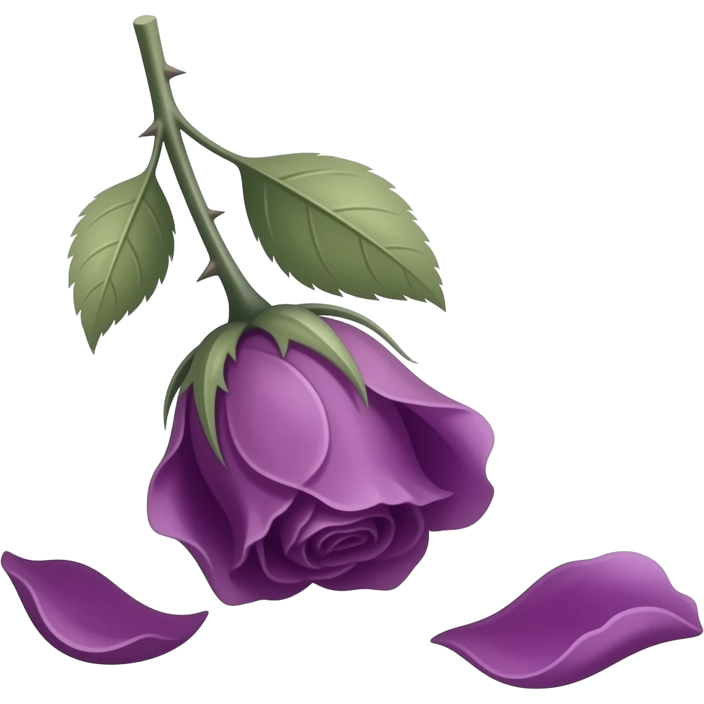 small wilting purple rose emoji with stem and leaves and thorns darker violet purple with falling petal(s) facing upright with purple grey stem emoji