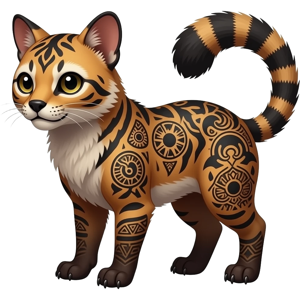 Rare warm-colored exotic gloomy tropical edgy cute epic aesthetic spooky gothic colorful Salandit-Noibat-Civet-species-Fakemon-hybrid-creature, with tribal tattoo markings, full body emoji