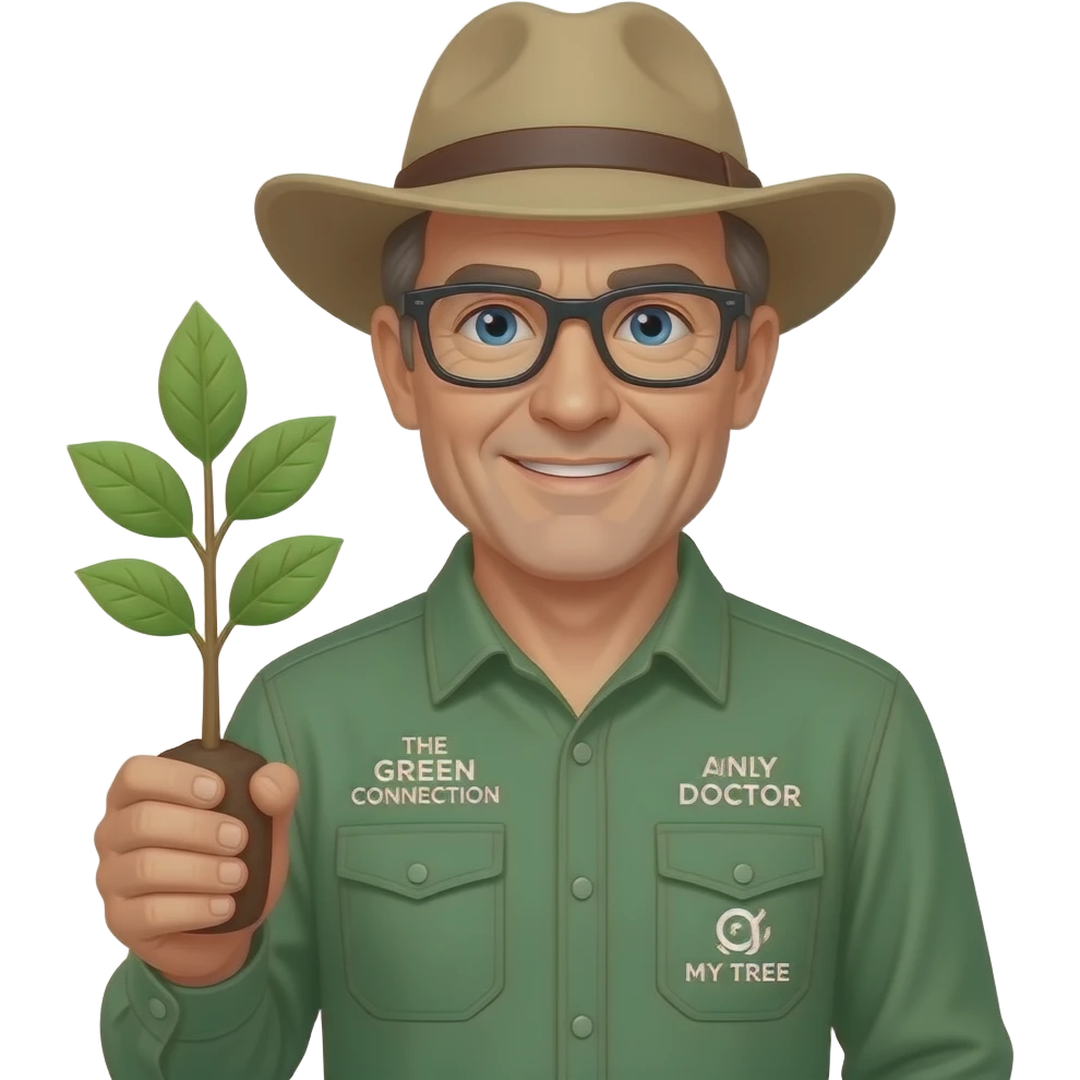 middle-aged man blue eyes. Dark rectangle glasses, in a green-collared, long-sleeve shirt.  Flatter wider-brim Australian Akubru hat. Holding a small sapling tree. Insert 'THE GREEN CONNECTION' in white directly onto the left pocket & onto the right pocket, place only the words 'MY TREE DOCTOR' emoji