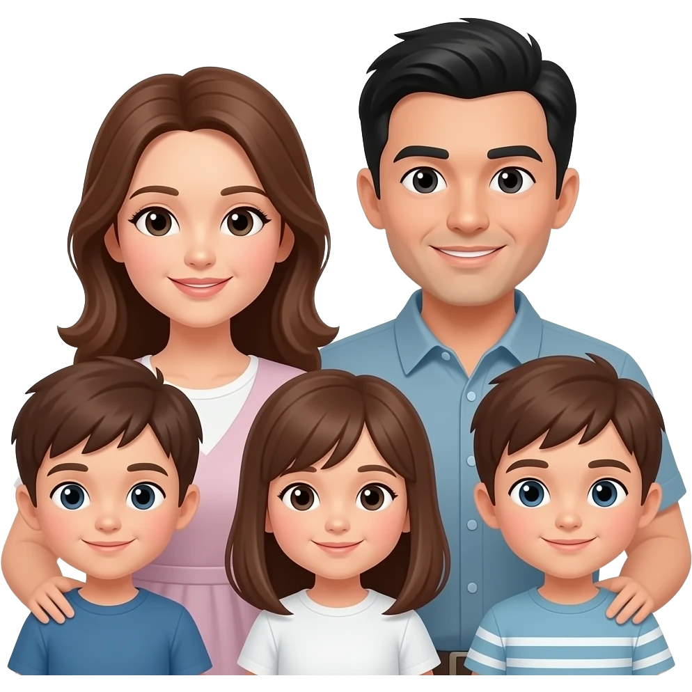 two white parents, one mother with brown hair one father with black hair, then three boys (3 total boys,) and a girl all with brown hair emoji