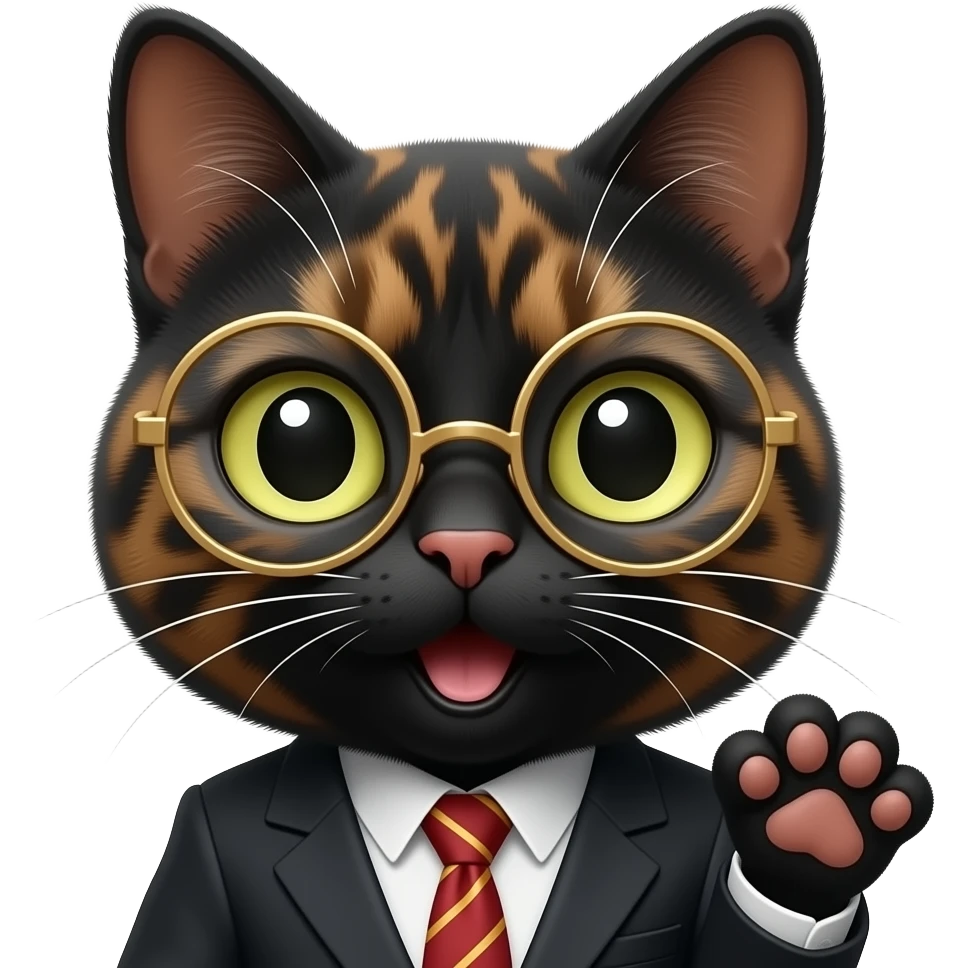 A mostly black Tortoiseshell cat face emoji looking like an eager professor, mouth speaking with round gold glassed and on paw up, with balm up . Only face and cat paw. emoji