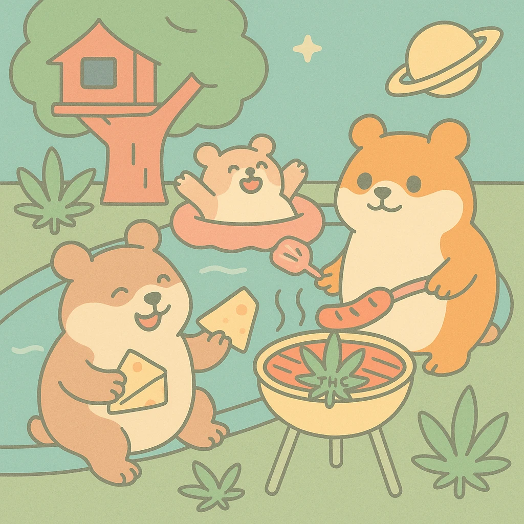 Discord server icon, square format, summer pool cookout scene with up to 3 hamsters, weed leaves, cheese, and THC theme, near a treehouse, possibly in space, pastel toon style, soft pastel colors, playful, nostalgic, fun, inviting, summer party vibe, clear composition, less vibrant colors emoji