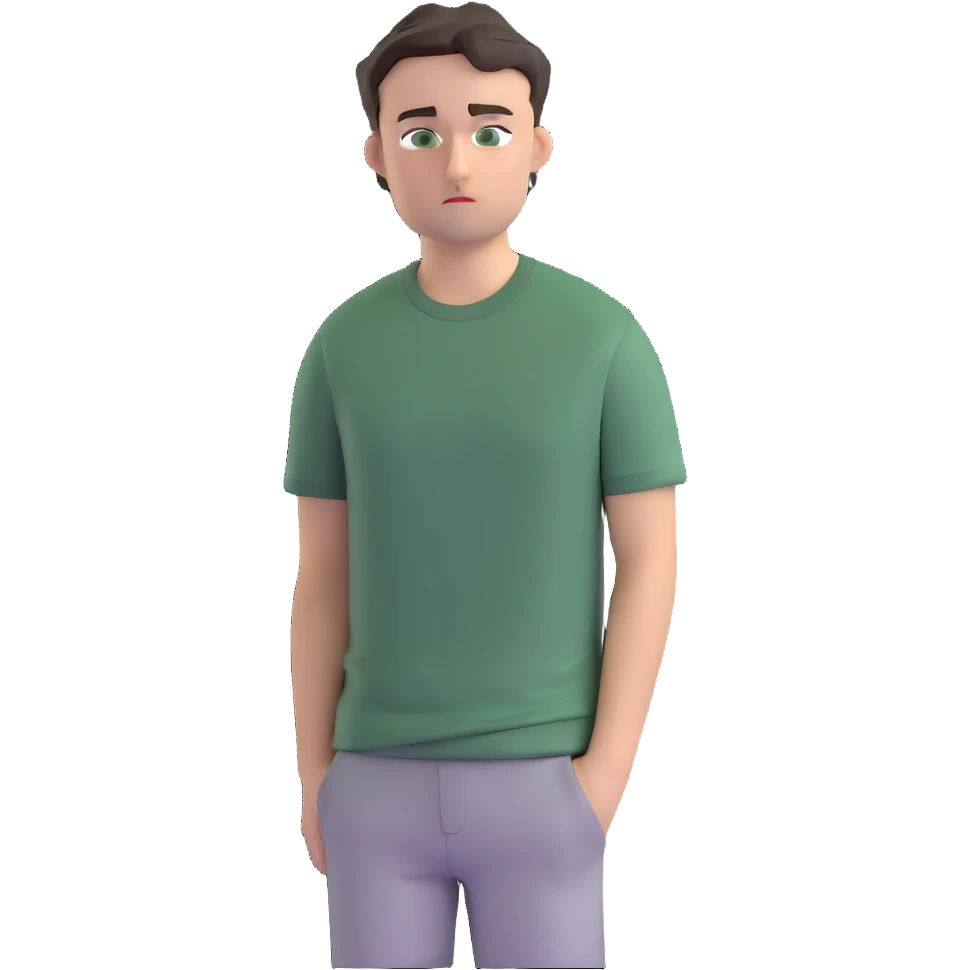 man with dark messy short hair, dark green eyes, wearing a gray t-shirt emoji