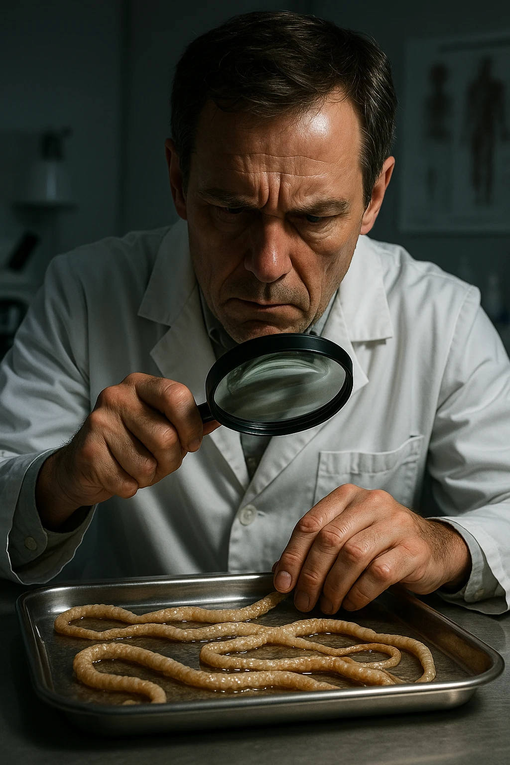 A middle-aged male kinesiologist wearing a pristine white lab coat, intensely analyzing long, beige tapeworms (like Taenia) under a magnifying glass. His expression is focused and slightly concerned, with dramatic studio lighting casting sharp shadows. The parasites are highly detailed, moist, and textured, stretched across a sterile metal tray. The background is blurred but suggests a clinical environment—hints of a microscope, medical charts, and clean lab equipment. The style is hyper-realistic, with a cinematic contrast between the bright white coat and the grotesque, organic forms of the parasites. No sci-fi elements, just raw medical realism with a disturbing edge emoji