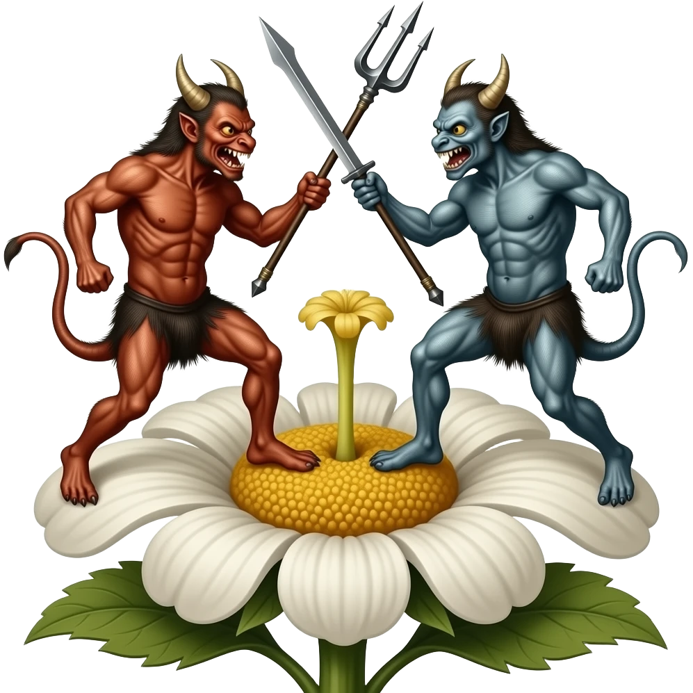 two phantasmagoric creatures from Hieronymus Bosch's paintings from scenes from Hell, fighting and stabbing each other with tridents emerging from the pistil of a flower emoji