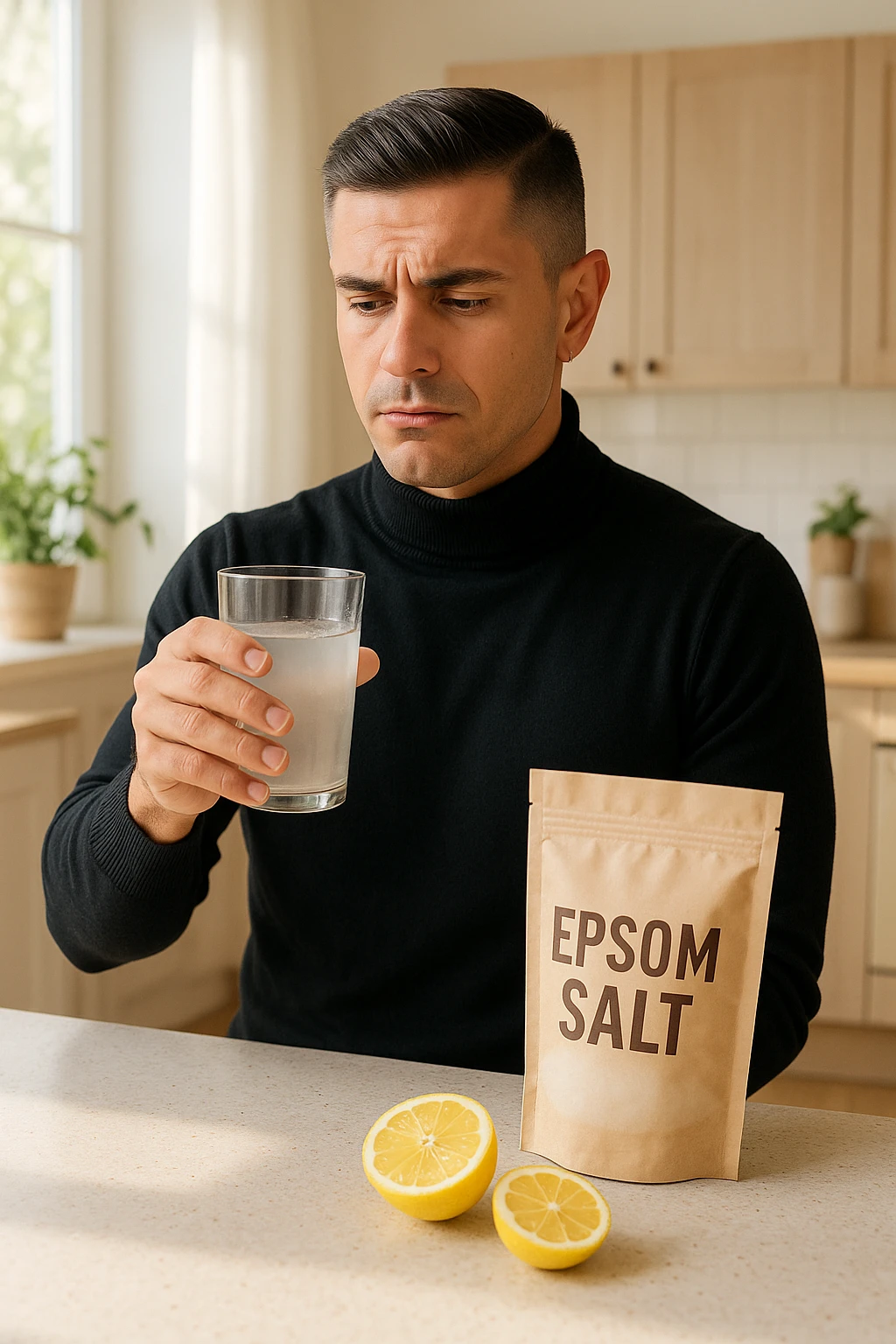 A realistic, bright photo-style image of a young man in his 30s standing in his kitchen, holding a clear glass filled with water in which Epsom salt (magnesium sulfate) has been dissolved. He looks focused but slightly uncertain as he prepares to drink it for a liver flush or digestive cleanse. The glass shows slight cloudiness from the dissolved salt. On the counter are a packet labeled 'Epsom Salt' and a sliced lemon, suggesting he might use it to mask the taste. The setting is clean, natural, and bright with neutral tones. The background shows sunlight streaming through a window, emphasizing a clean, minimalist health-focused environment. The mood conveys a realistic, calm moment of self-care with a hint of discomfort, illustrating a natural detox practice emoji