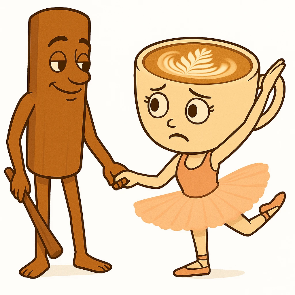 Keep the same quality and style as the reference image. Edit the coffee cup character to have a confused expression and the cinnamon stick character to have a proud expression. emoji