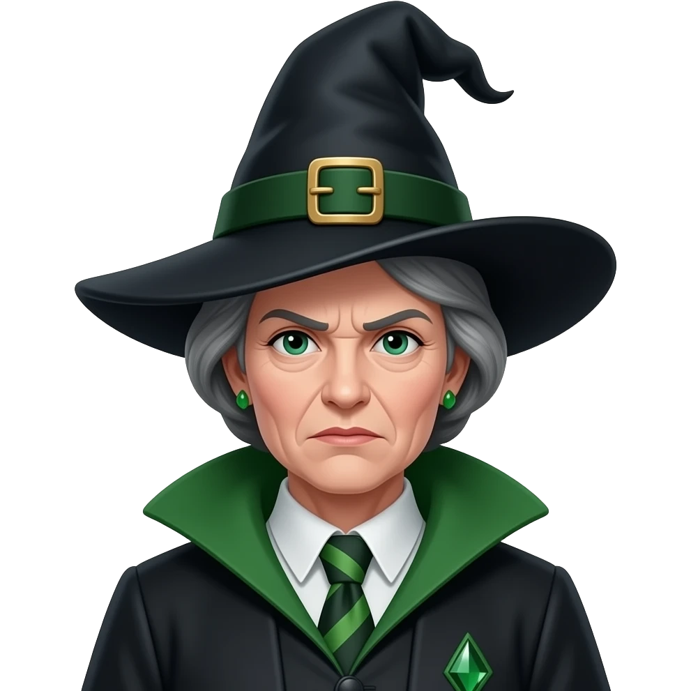 Minerva McGonagall emoji, Apple style, clean 3D, soft gradients, older woman, stern expression, dark hair in bun, pointed hat, emerald accents, minimal icon, centered, white background, high detail emoji