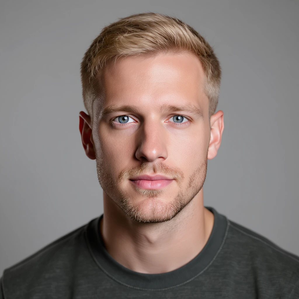 realistic headshot of a male with dark blonde hair and blue eyes, plain background emoji