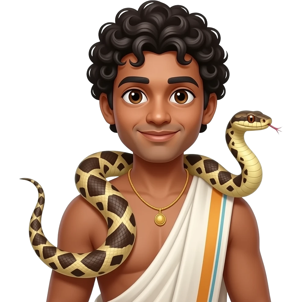 man with curly hairs and wearing lungi holding snake on shoulders emoji