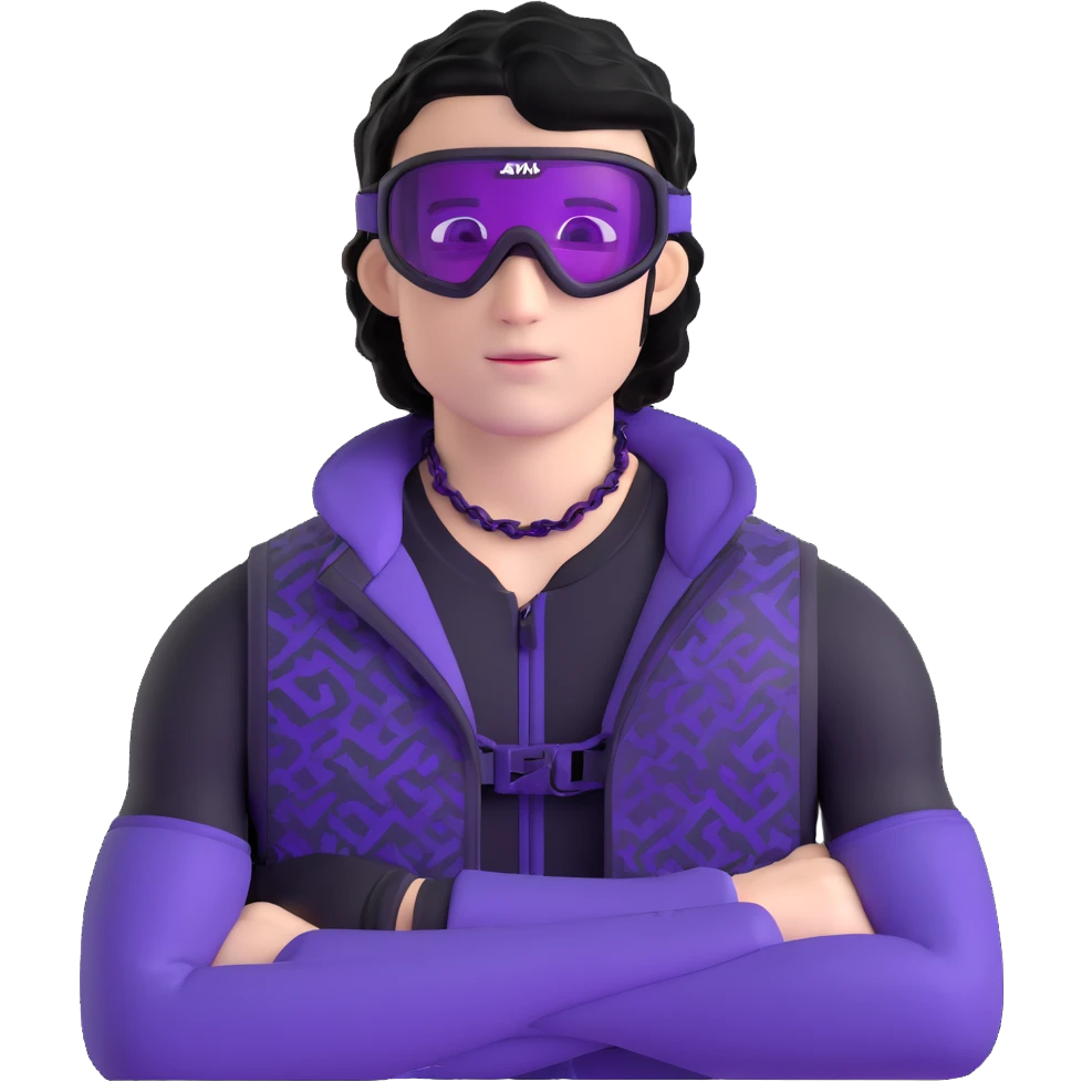 male athlete with white skin and moderately curly black hair on top with shaved sides, wearing ski goggles with purple frames and very dark black lenses, a simple plain black chain necklace, and a completely unzipped sleeveless vest with purple and black sequin fire pattern design, fully revealing his chest, shoulders and arms, no earrings emoji