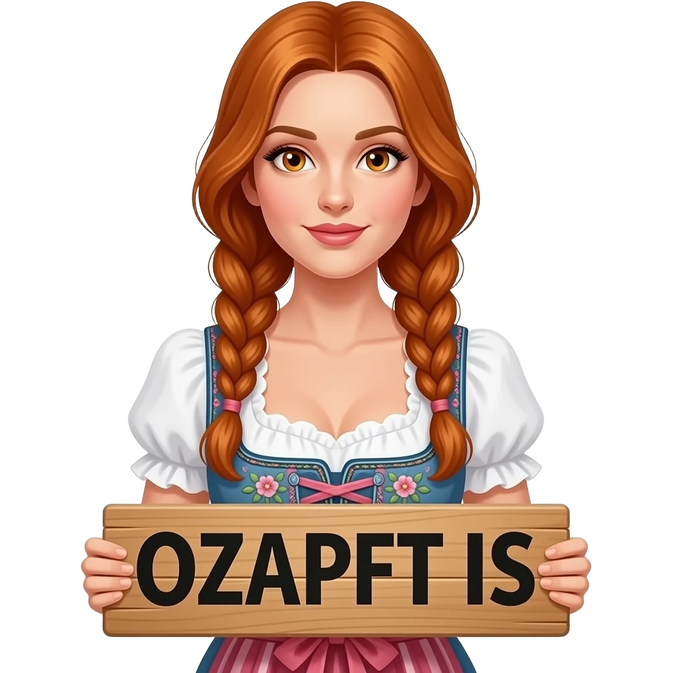 sexy girl with long wavy ginger braids and ginger eyes wearing a dirndl is holding a sign with OZAPFT IS written on it emoji