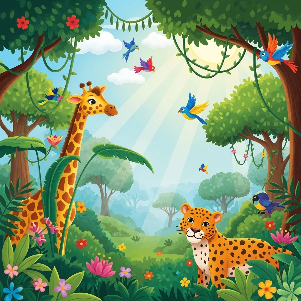 digital illustration of jungle safari in the style of children's story book emoji