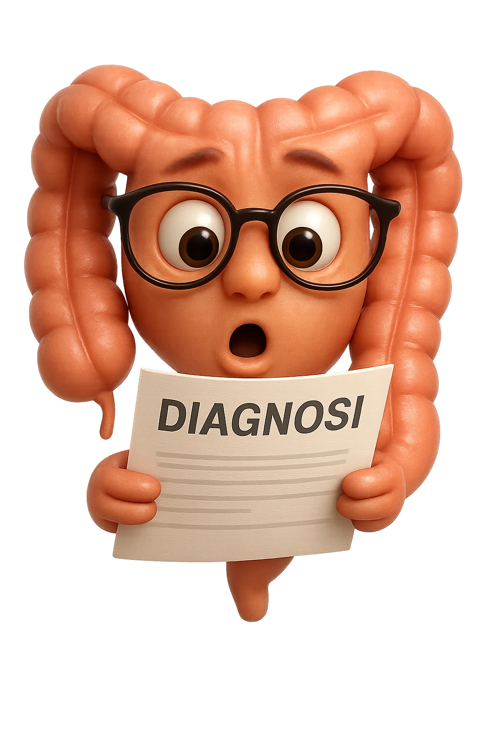 EMOJI STILE IPHONE DI UN INTESTINO CON GLI OCCHIALI CHE LEGGE UN FOGLIO CON LA SCRITTA DIAGNOSI, ESPRESSIONE STUPITA IN VOLTO, IPERREALISTICO 4K emoji