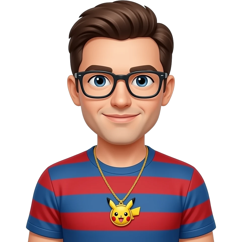 man in red and blue striped shirt. brown hair. glasses. medallion of pikachu around his neck emoji