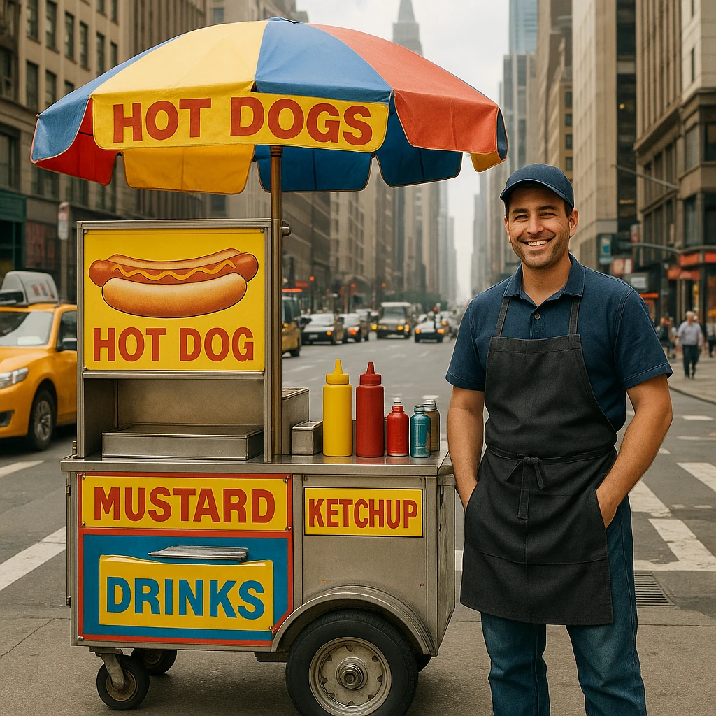 hotdog seller in New York with cart emoji