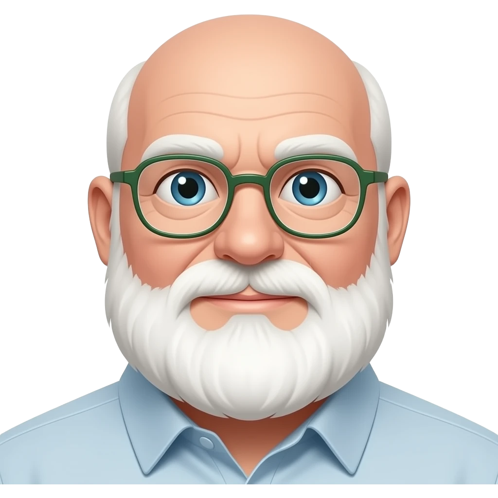 75 year old, white, 300 pound, totally bald man with a full white beard starting from bottom of ear lobe and thin framed glasses with green side arms emoji