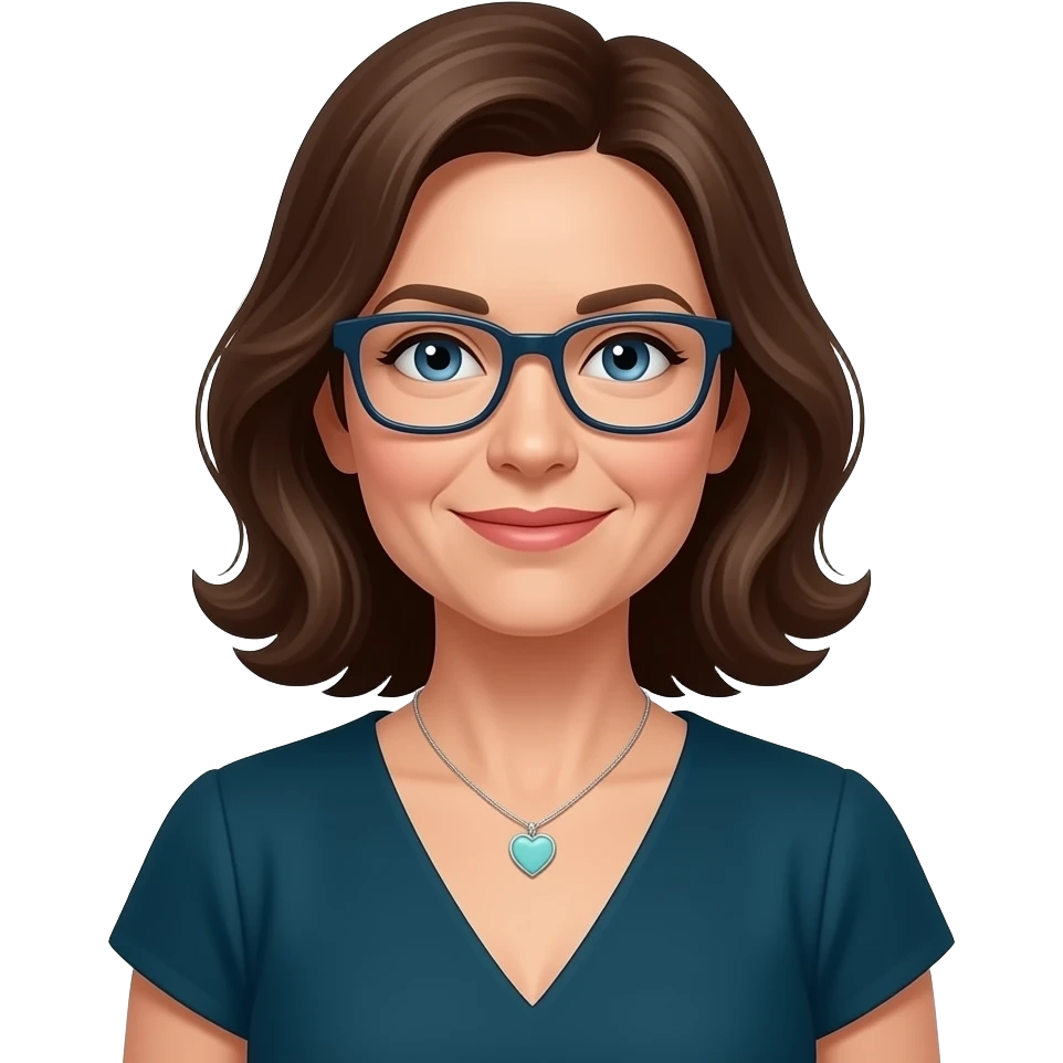 AJM - woman, blue eyes, mid 40's age, mid brown hair, rectangular glasses, shoulder length wavy hair, small tiffany heart necklace, dark teal dress, emoji
