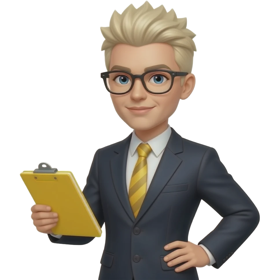 woman, bleach blonde hair, very short, stiff, sharp spiky hair, styled in vertical points, styled upward, wearing glasses, one hand on hip and one holding yellow legal pad, Suit but no tie emoji