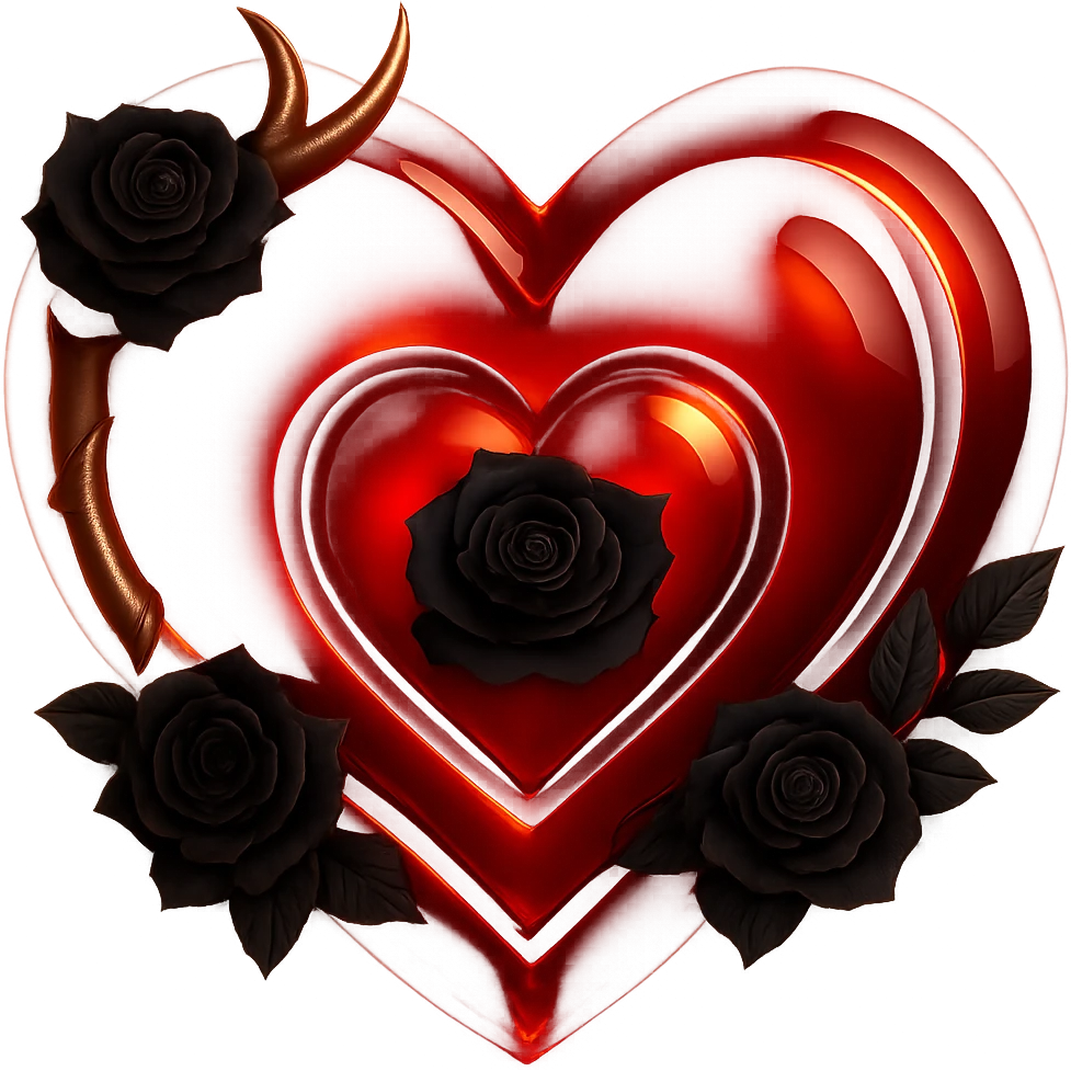 Add a glowing effect to the deep red glass heart, keep the silver crescent moon accent and black rose details, mysterious and opulent, in a 3D emoji-inspired style. Remove the background. emoji