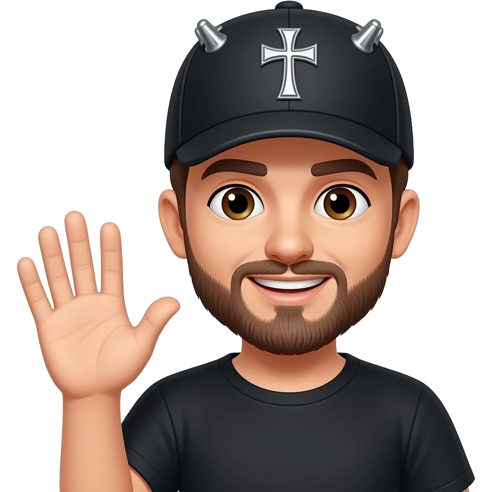 Brown eyes, rock cap with metallic clips on the cap peak , rock cross on the cap , black teeshirt, saying hi, no ratio, no chain, short hair , browning beard, no withstand emoji