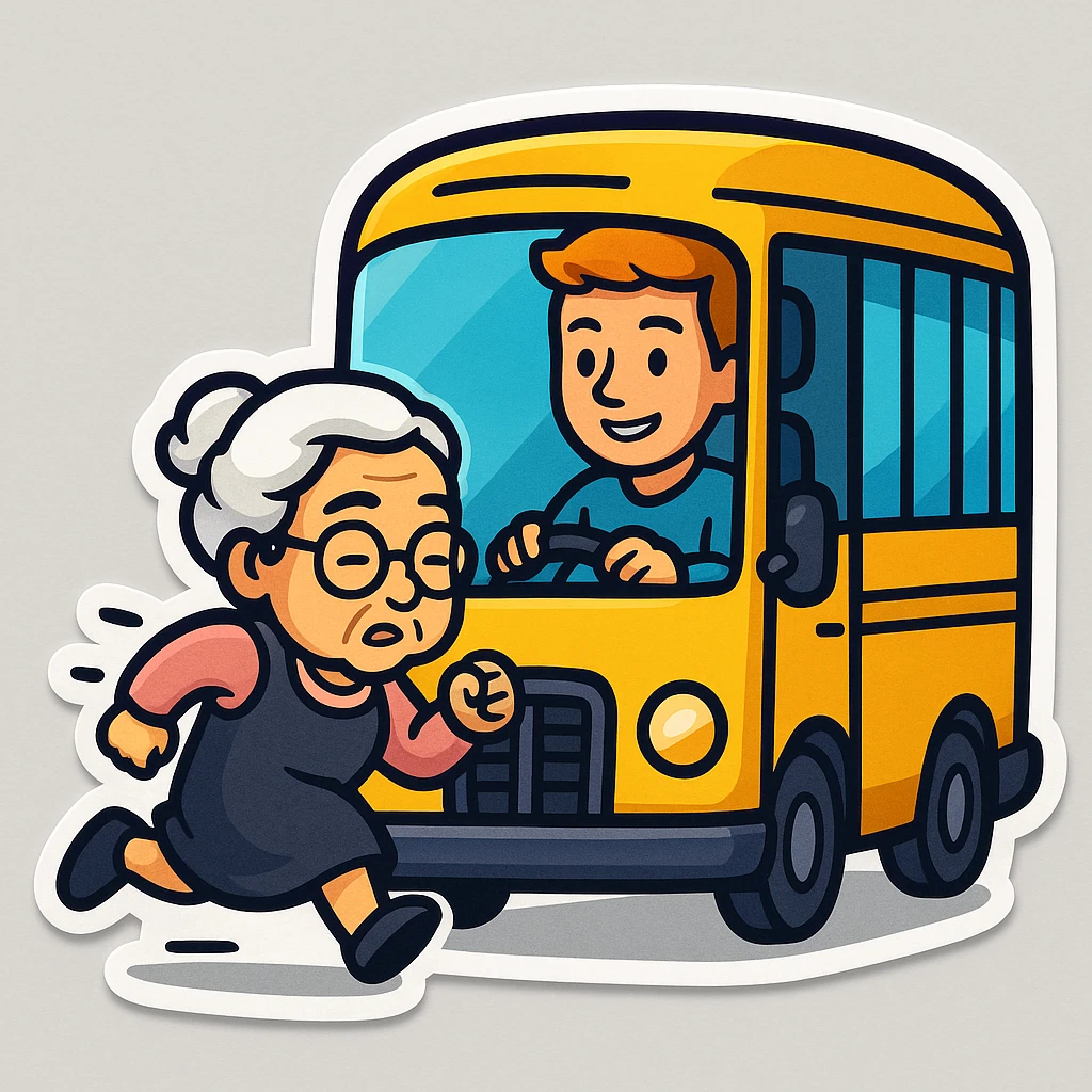 Make it **Sticker style**: old lady should run to reach the bus, the driver is man under 30 with orange hair emoji