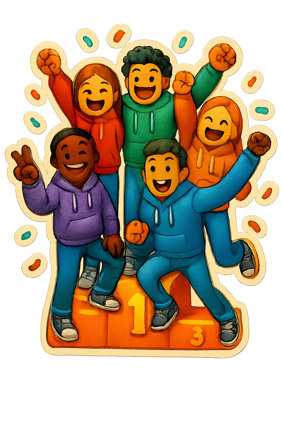 Change to a different pose and add confetti. Keep the group of five multi-racial people on a winners’ podium, no numbers, all in jeans and hoodies, excited, fun, expressive emoji style. emoji