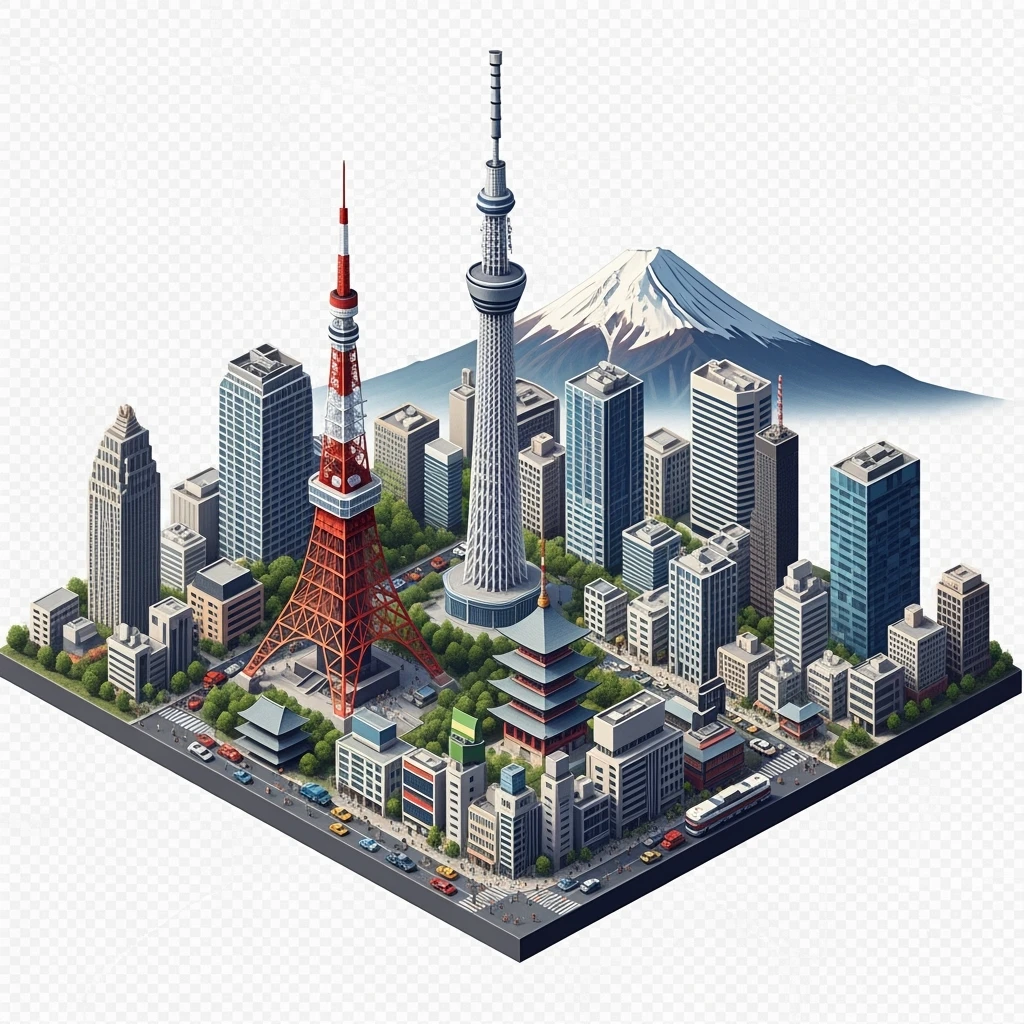 Isometric illustration of Tokyo, with photorealistic detailed miniature cityscape included Tokyo Tower, Skytree, Shibuya Crossing, Mount Fuji in background, balanced colors, subtle 3D miniature effect, no cartoonish look, transparent background. emoji