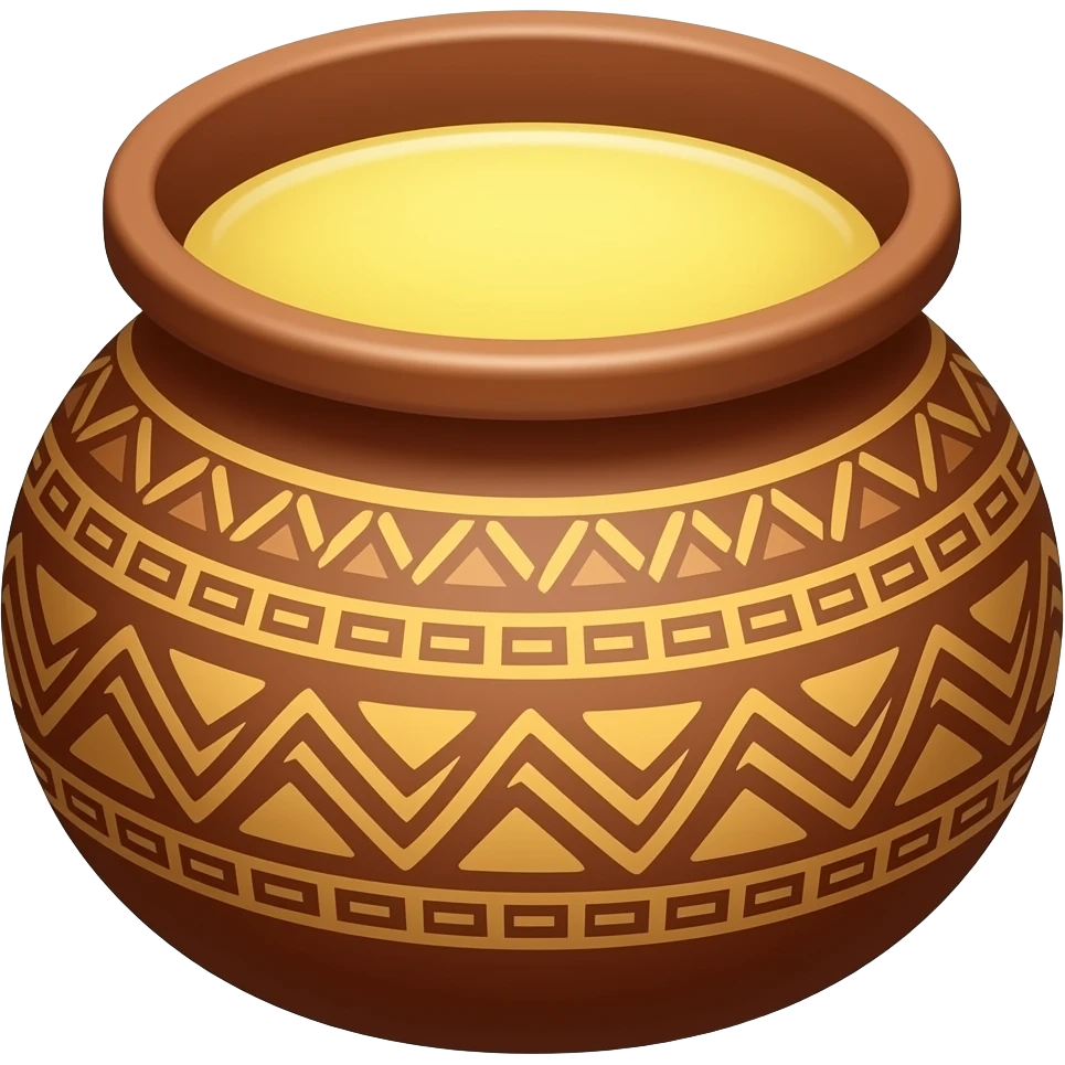 Brown clay pot decorated  matka with yellow sugarcane juice inside emoji