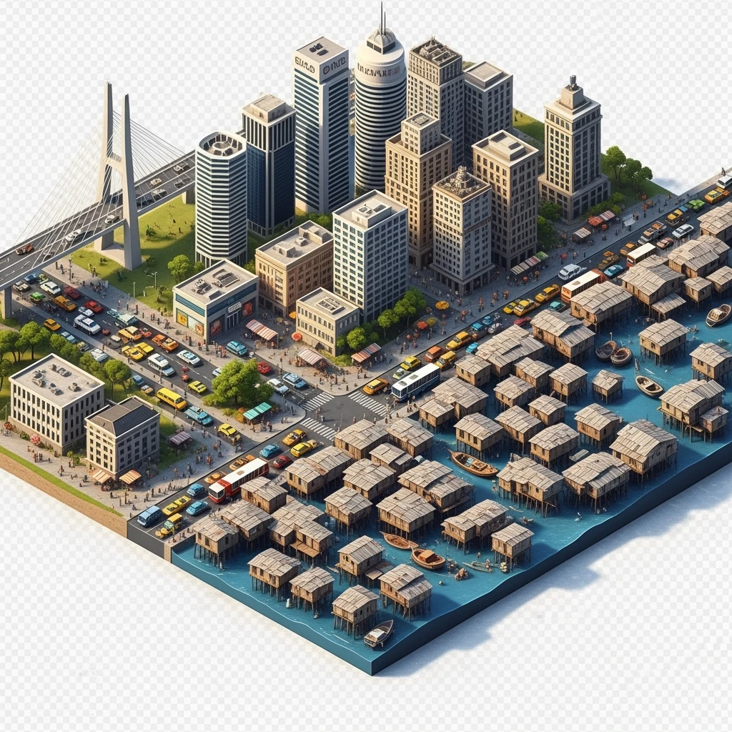 Isometric miniature of Lagos Lekki-Ikoyi Bridge, Eko Atlantic skyscrapers, Makoko slums, tin-roof shacks, chaotic markets, gridlocked traffic, 3D miniature effect and Tilt Shift effect, no cartoonish look, transparent background, don't cut angles emoji