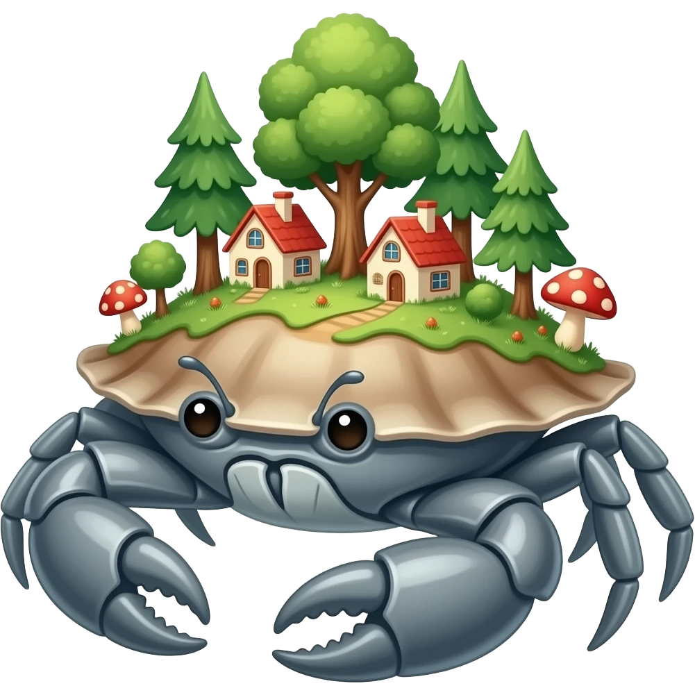 A Gray crab with houses on top of its shell in trees on it and also with mushrooms on it emoji