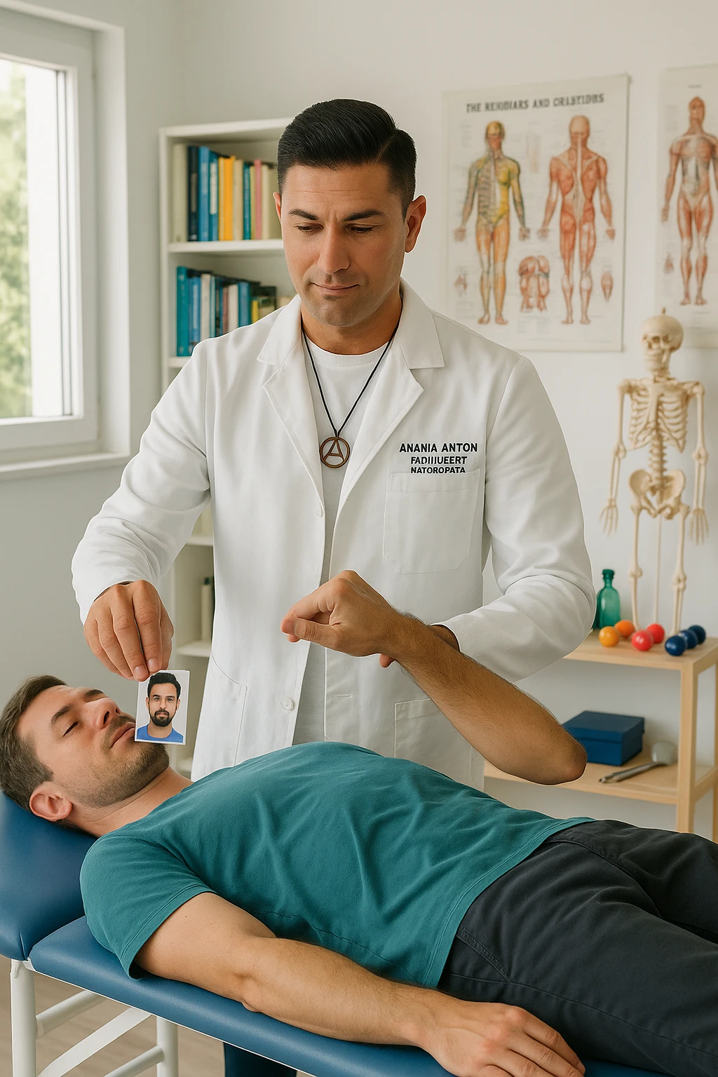 a middle-aged man, dressed in casual professional attire, is in a bright, organized therapy studio. Durante una visita di kinesiologia, il praticante tiene con una mano la foto di una persona lontana (il “testimone”) appoggiata su un tavolo, mentre con l’altra mano esegue un test muscolare su un cliente presente. Sullo sfondo si vedono libri di kinesiologia, poster anatomici e strumenti tipici della disciplina. L’atmosfera è concentrata e serena, con luce naturale che entra dalla finestra, sottolineando l’aspetto alternativo e umano della pratica. emoji