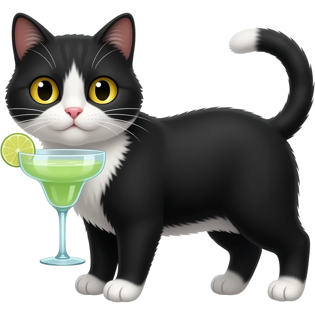 Black cat with a white fur chest with gold eyes and four paws holding a margarita emoji