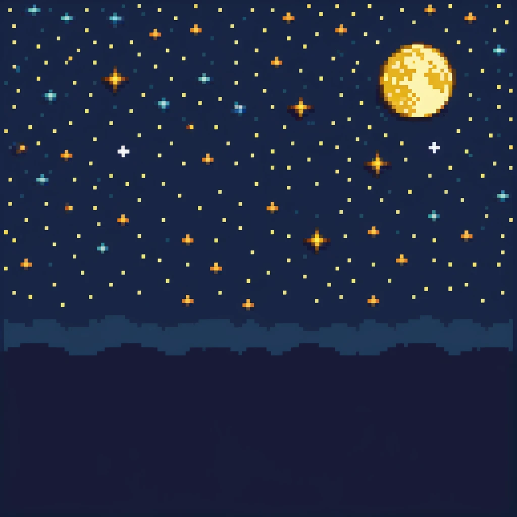Pixel art starry night sky with twinkling stars and moon emoji