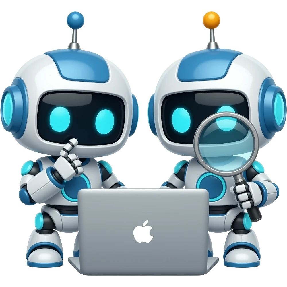cute 2 robots use 1 mac book , use together -- 1 of them acting like thinking, another one hold mignifying glass emoji