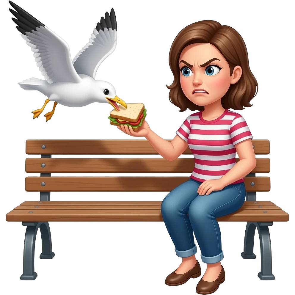 Seagull stealing a sandwich from an angry woman sitting on a bench emoji