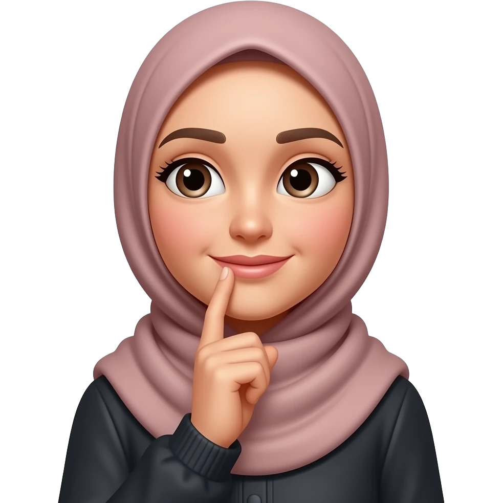Hijabi woman wondering, tilting her head to the side and holding her finger on her chin emoji