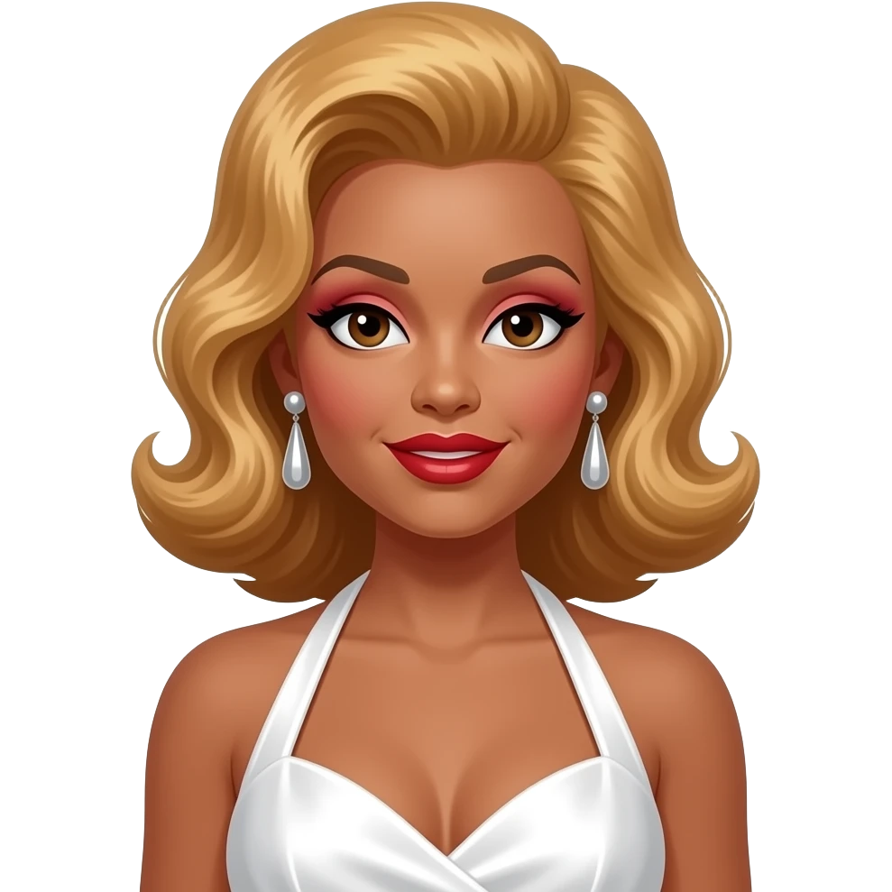 Mary Wells, Motown Singer with dark brown eyes, long ginger blonde 60s beehive hair, red eyeshadow and lipstick, white silk halter dress, silver earrings emoji