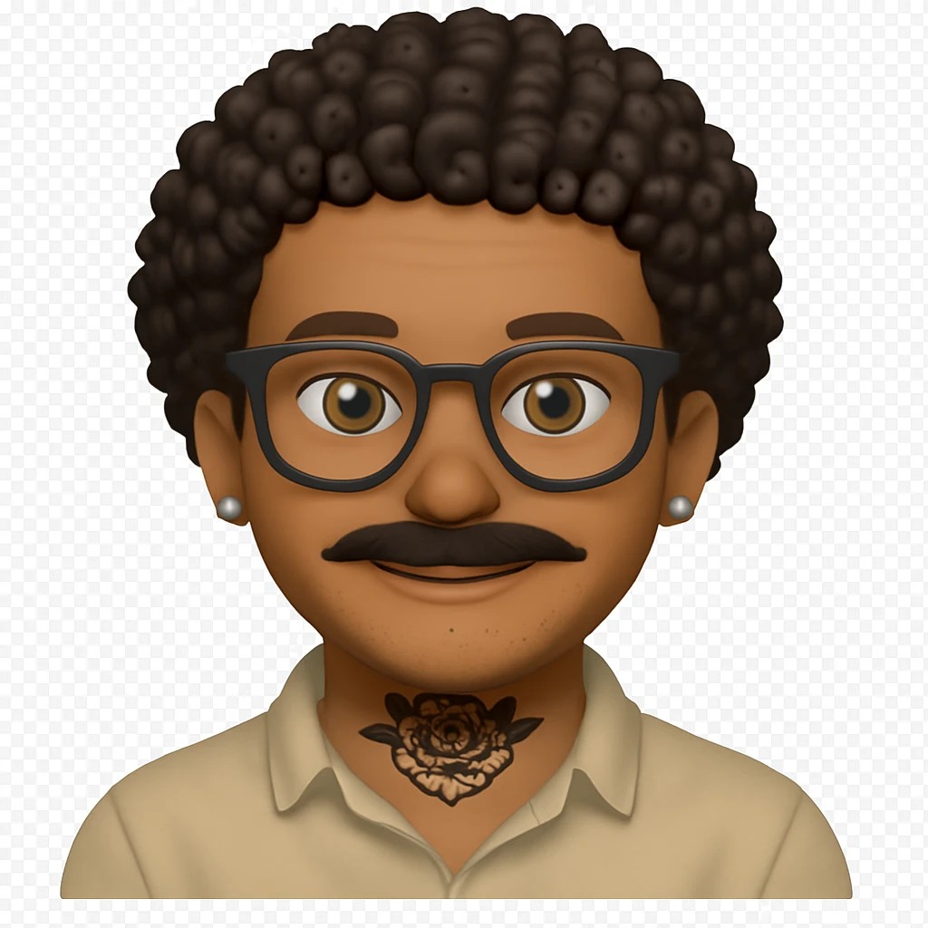 Add a visible tattoo on his neck and a mustache. Keep the background transparent. emoji