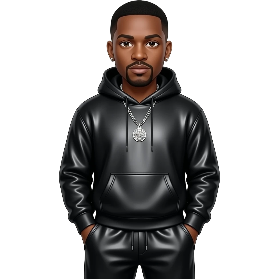 Timbaland with dark brown eyes, black hair, black metallic sweatshirt, black metallic baggy sweatpants, necklace and short earrings emoji