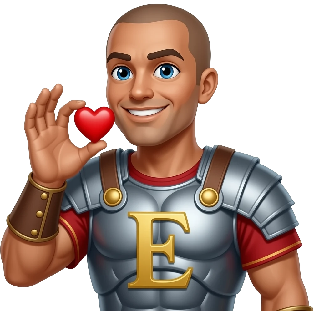 Muscular Roman soldier bald brown smiling letter E on breast plate blowing a heart with hand emoji