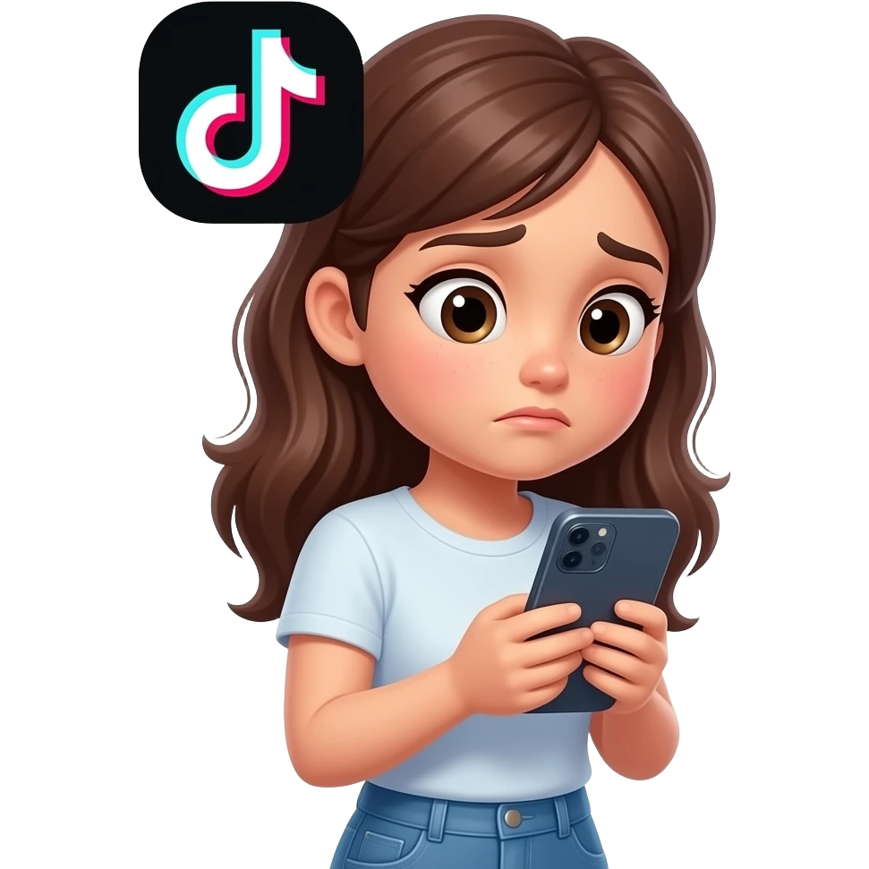 una chica viendo a una influencer  en su celular con un buen cuerpo  ,la chica esta triste , a su  alrededor hay app como  tiktok ,instagram y x emoji