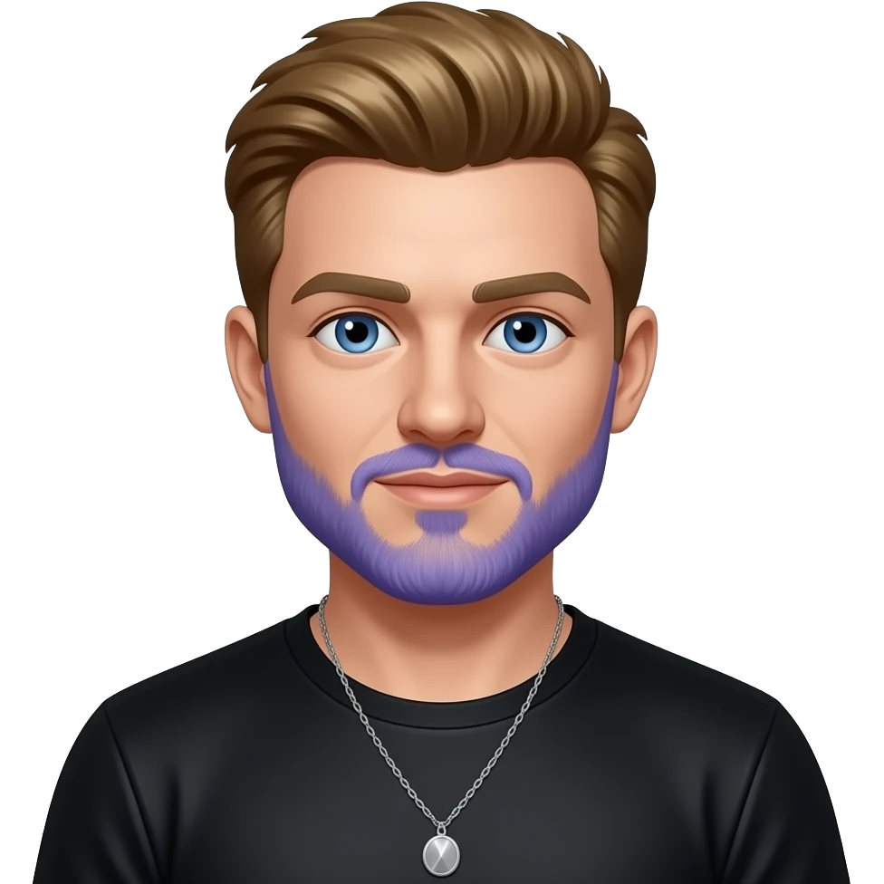 Ben Phillips from The Sorrybro Crew with blue eyes, golden brown hair and short beard with periwinkle dyed, black metallic T-shirt, necklace emoji