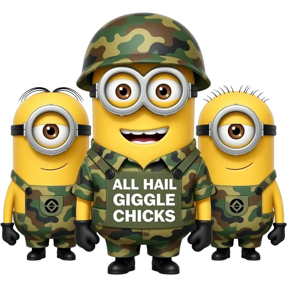 Goup of minions IN ARMY FATIGES  text  ALL HAIL GIGGLE CHICKS emoji