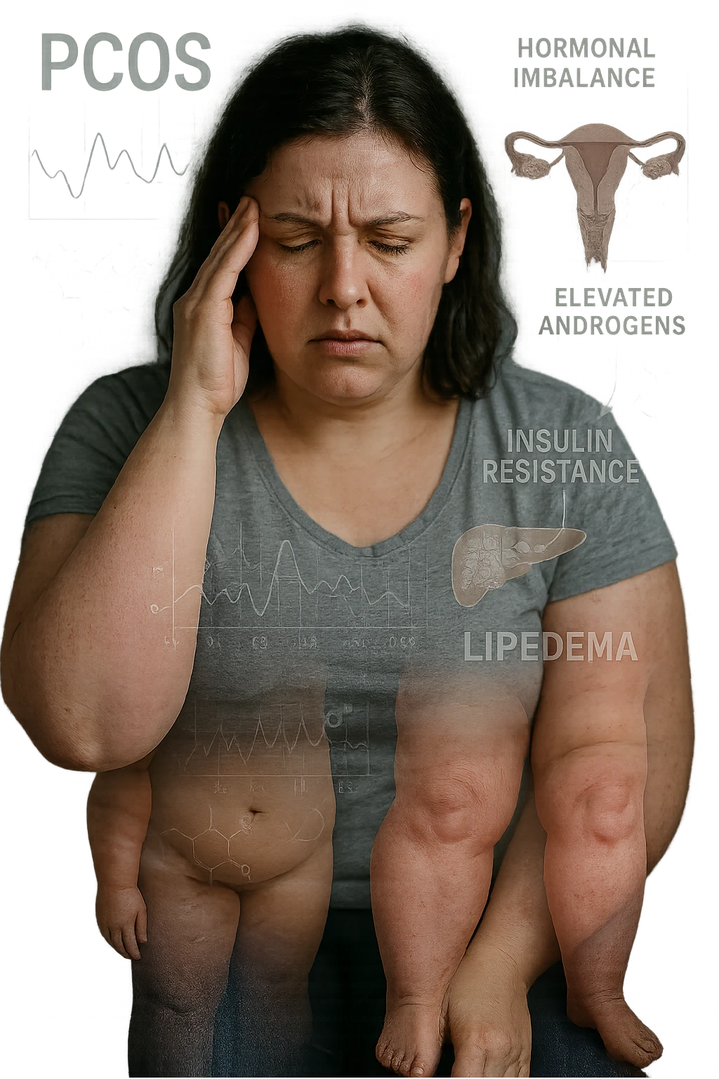 cinematic realistic in italiano Woman with PCOS struggling with hormonal chaos, transparent overlay showing elevated androgens and insulin resistance affecting her body, lipedema causing disproportionate fat accumulation in legs and arms despite normal torso, expression of frustration with unexplained weight gain, medical charts showing complex endocrine dysfunction, painful swollen limbs contrasting with metabolic confusion in italiano emoji