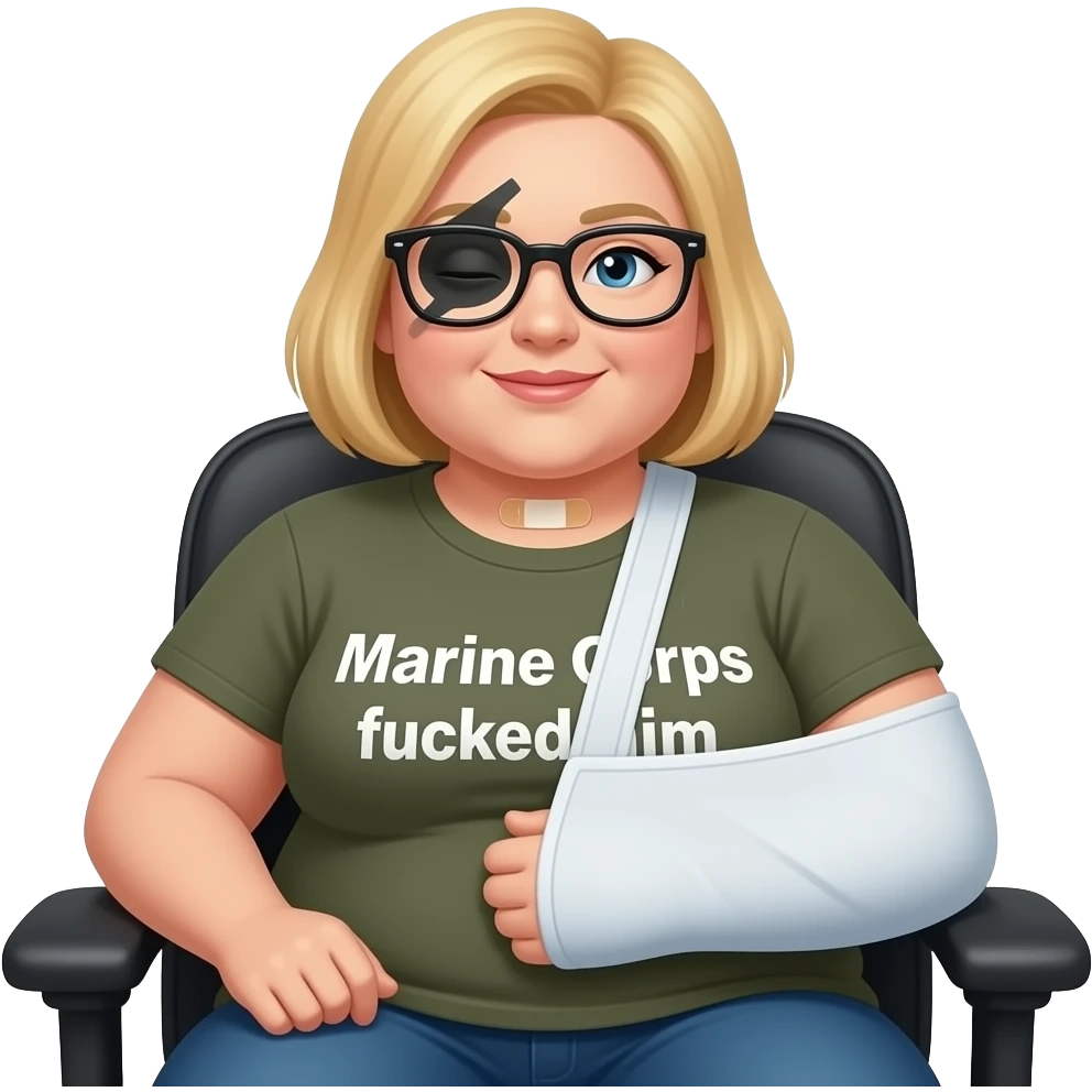 A fat blonde woman sitting in a computer chair with a band aide on her neck, a black eye and arm in sling and glasses wearing a shirt saying the Marine Corps fucked him emoji