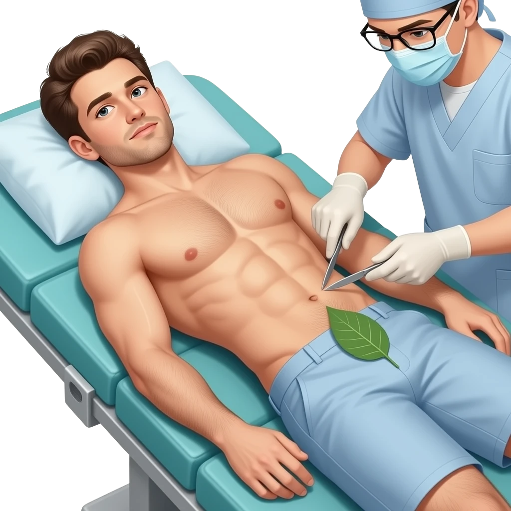 A guy about 23 years old, handsome, full-length, completely naked, has six-pack abs, his genitals are covered by a leaf , He has natural body hair on his arms, legs, and a faint line of hair below his navel. He lies in operating table . The surgeon uses a scalpel to make a cut in guy stomach. emoji
